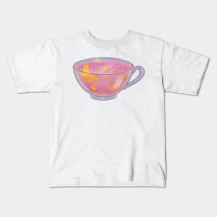 Soft pink night tea cup sticker on black background Kids T-Shirt
